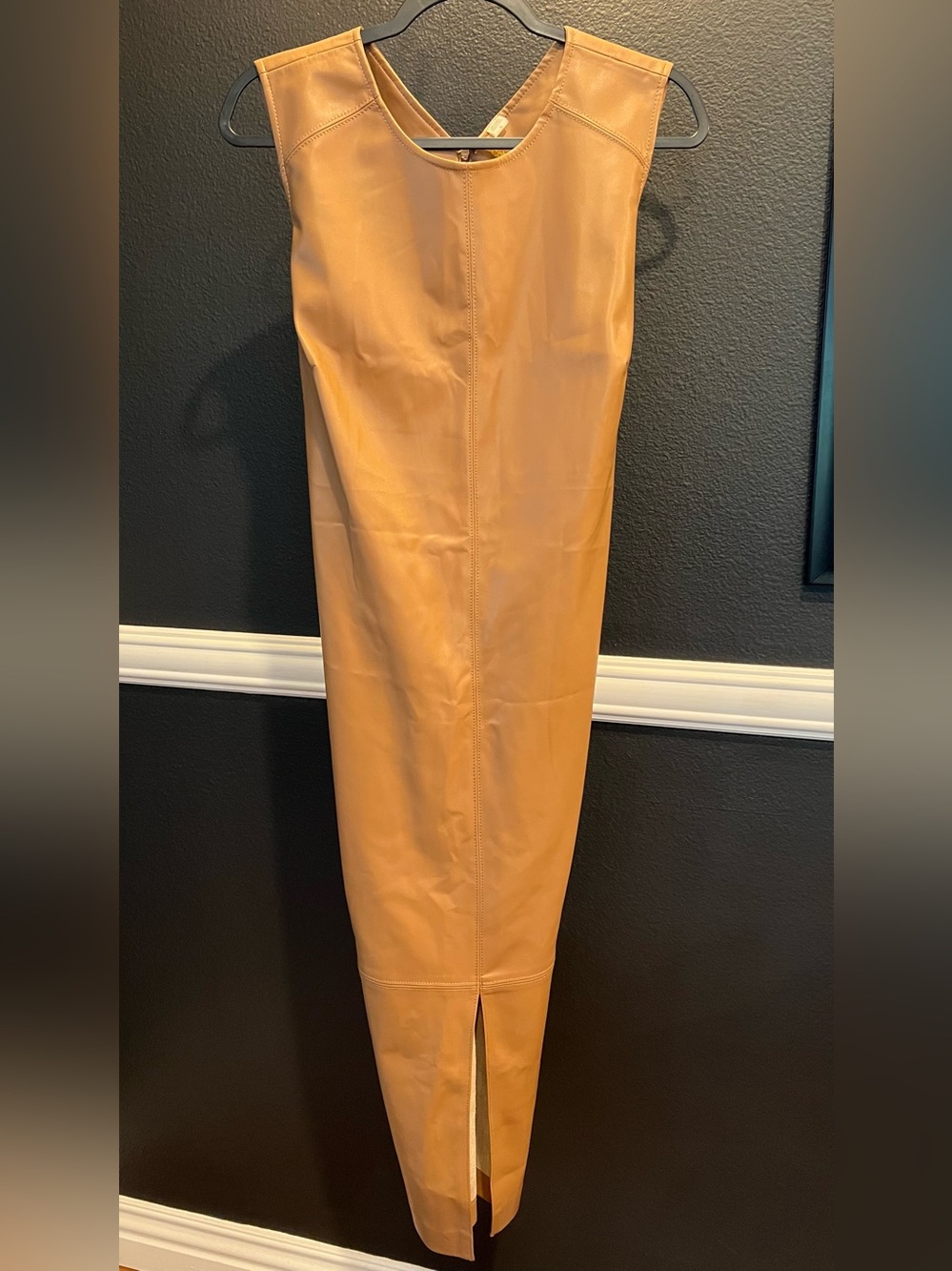 Calvin Klein Women’s Tan Faux Leather Sleeveless Slit Zip Long Dress Size 18